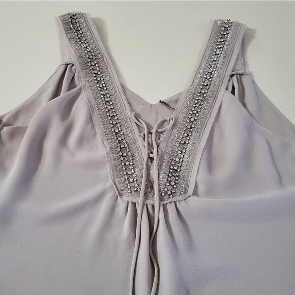 BKE Women's Silvery Grey Embellished Chiffon Lined Lace-up Tank Blouse - Picture 12 of 16